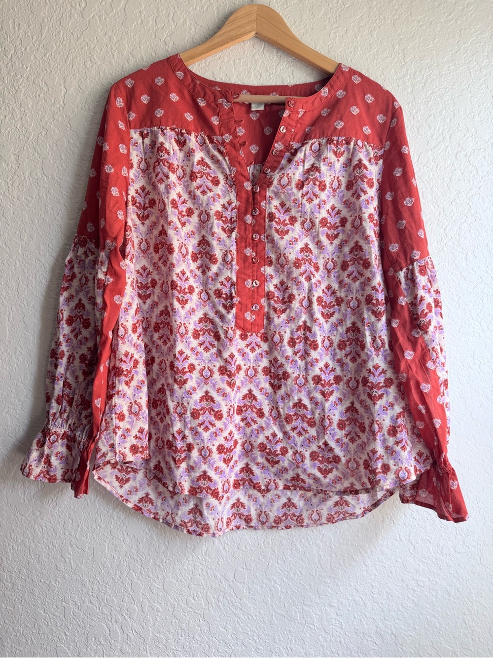 Sundance Explorer Henley Blouse Top Orange lavender Paisley Mixed Print large